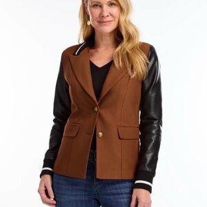 Brown Wool-Blend Blazer with Black Faux-Leather Sleeves
